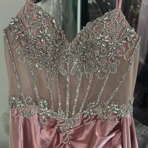Embellished Pink Satin Evening Gown